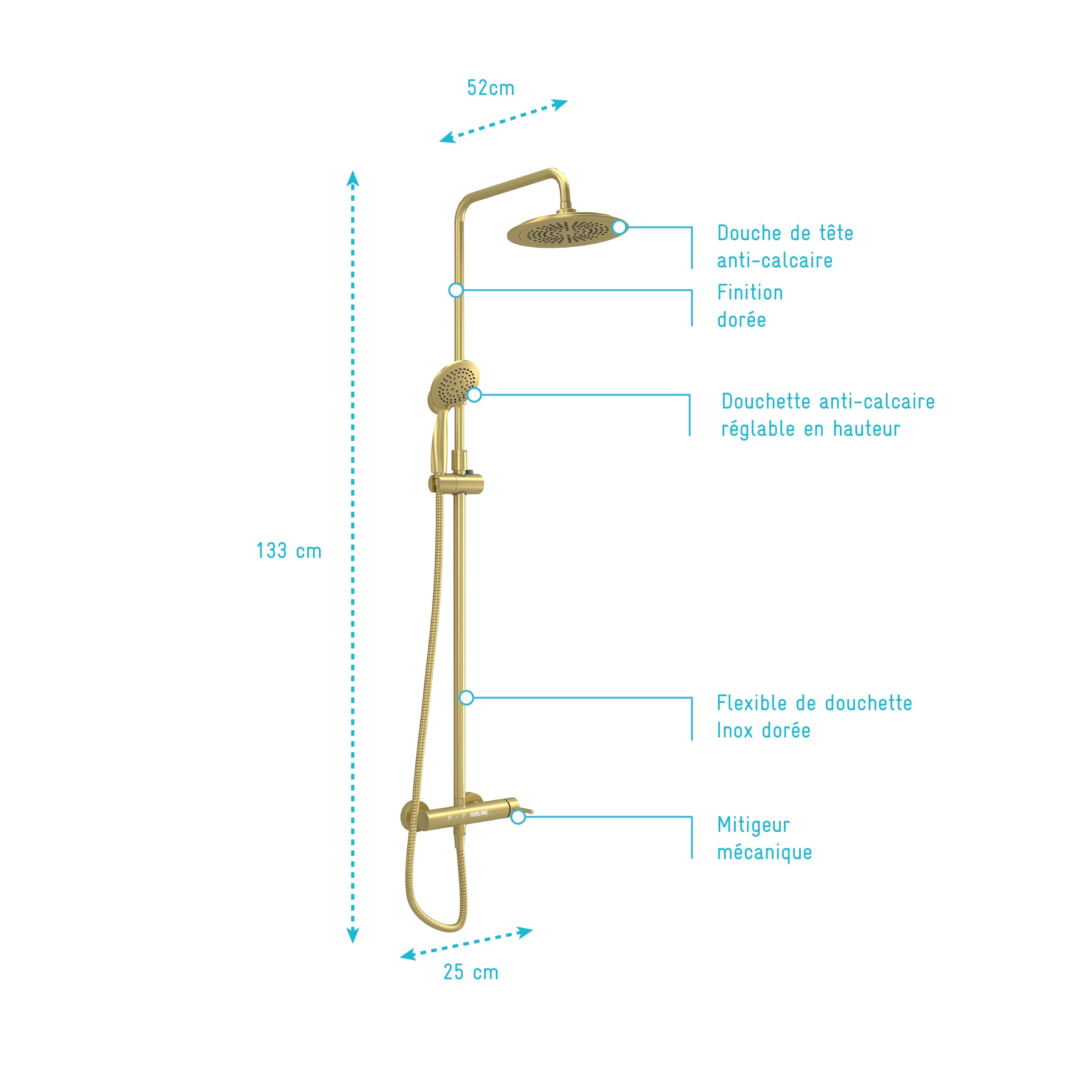Colonne de douche Mécanique finition Or Doré Brossé - 133x26x52 cm - MOLLY GOLD - 4