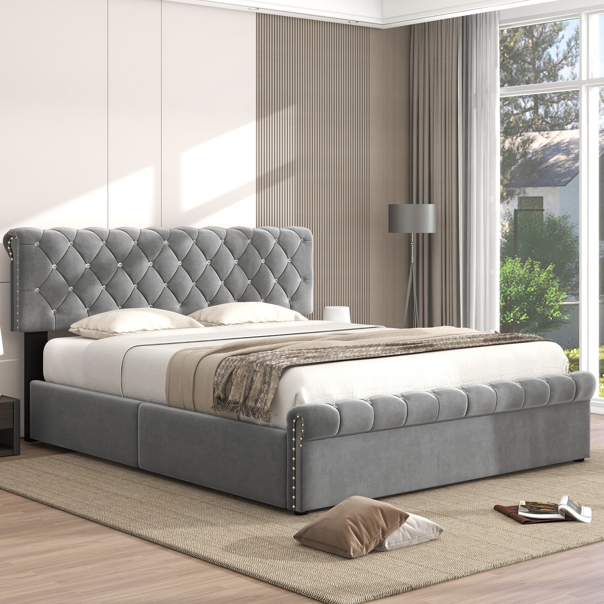 Lit Double Capitonné Velours 140x200 Cm - Tête De Lit Réglable, Pieds En Fer Doré, Forme Coquillage - Beige - 11