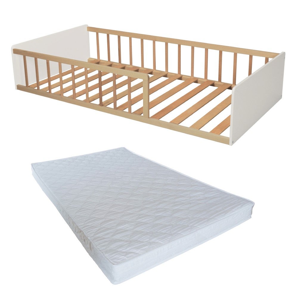 LIT 90x190 PILOU avec sommier et matelas / Blanc et Bois clair - 6