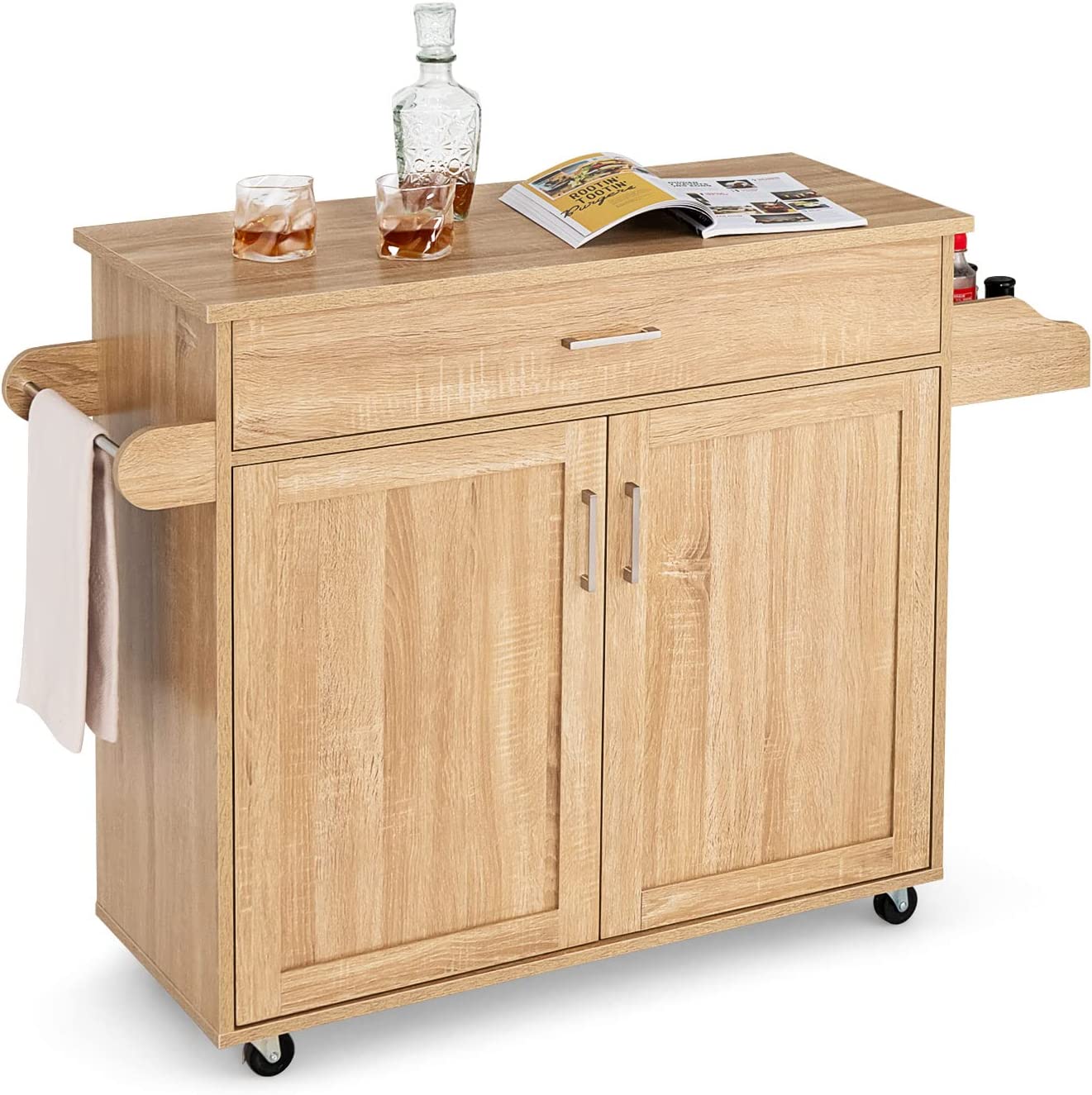 Wózek kuchenny z wieszakiem na ręczniki i deską na przyprawy, wyspa kuchenna z szufladą i półką o regulowanej wysokości, szafka kuchenna na kółkach