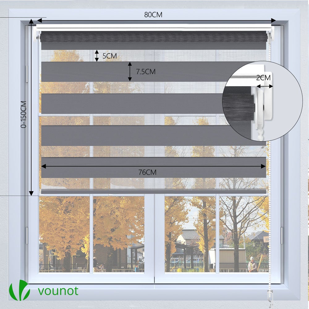 Set di 2 Tenda a Rullo Doppia Strato Oscurante Giorno e Notte, Catenella Laterale, Tenda Interno Zebra Blinds Grigio, 80 x 150 cm - 4