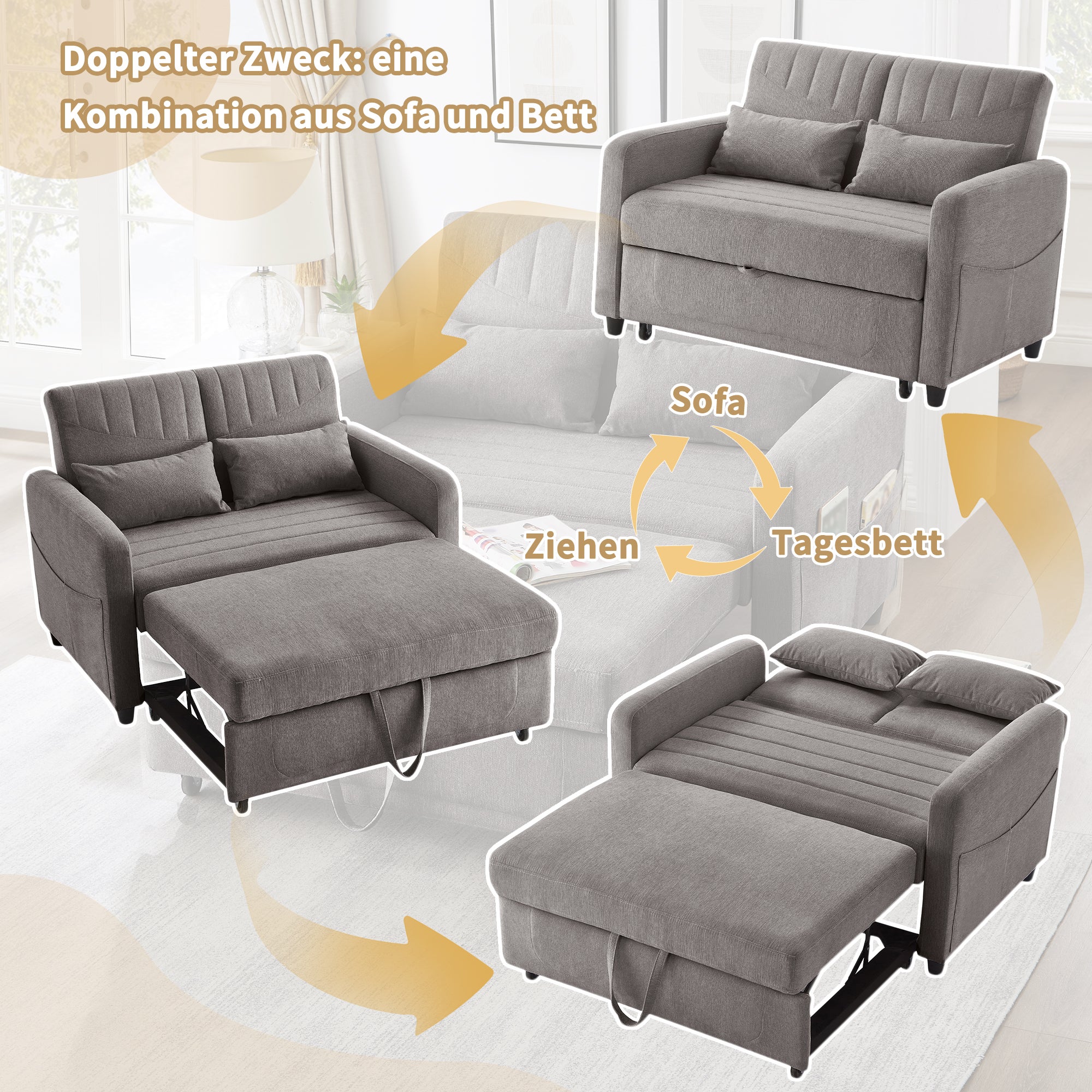 Sofa dwuosobowa z funkcją spania 114 x 77 x 82,5 cm - oparcie regulowane w 3 poziomach - tkanina bawełniano-lniana - szara - 6