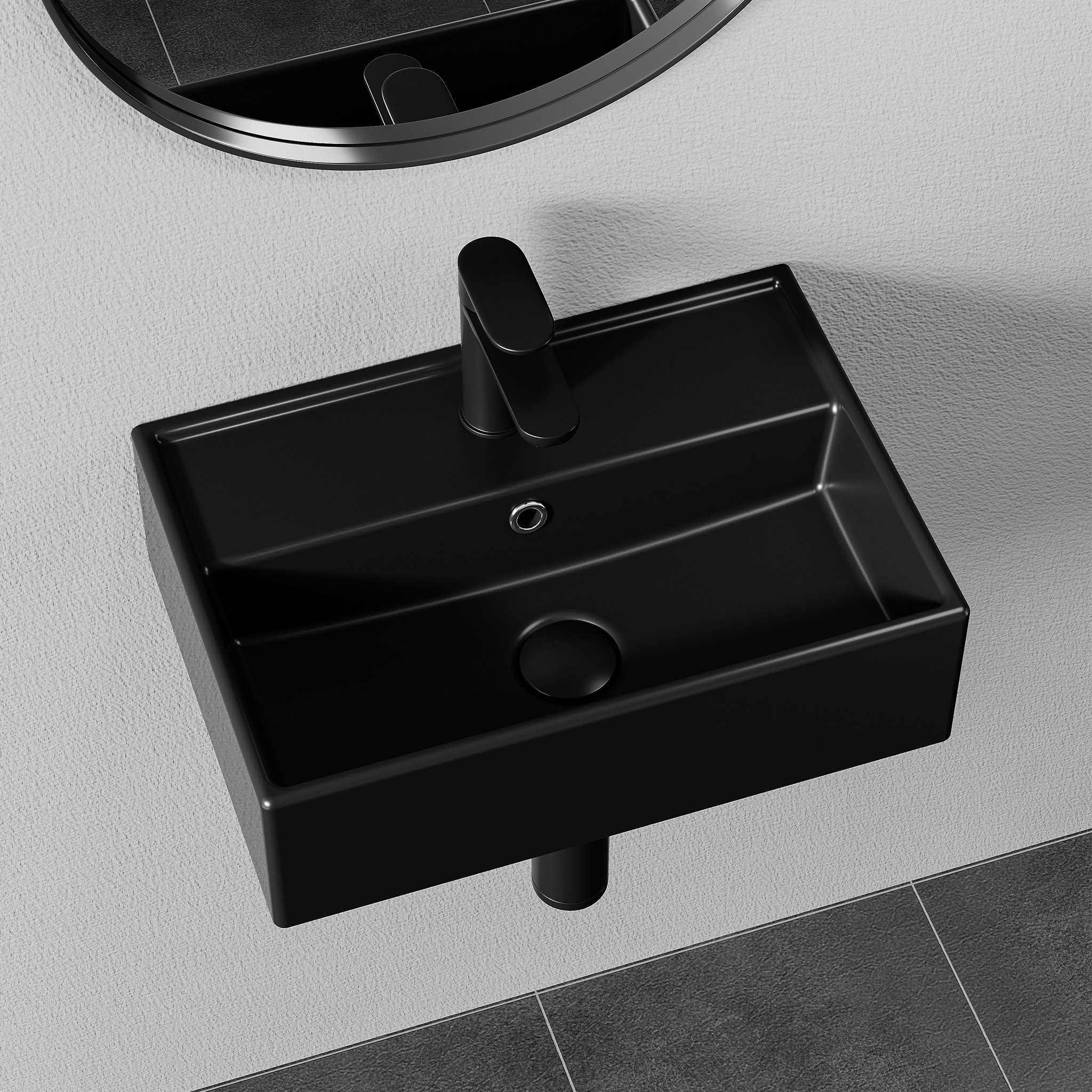 HOROW Umywalka ceramiczna, czarna, kwadratowa, ścienna, do montażu na ścianie lub blacie, z otworem na baterię i przelewem, 45 x 31 x 13.5 cm