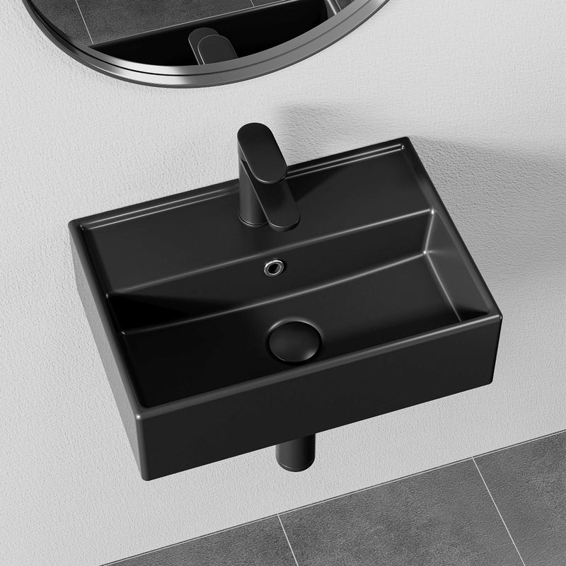 HOROW Umywalka ceramiczna, czarna, kwadratowa, ścienna, do montażu na ścianie lub blacie, z otworem na baterię i przelewem, 45 x 31 x 13.5 cm