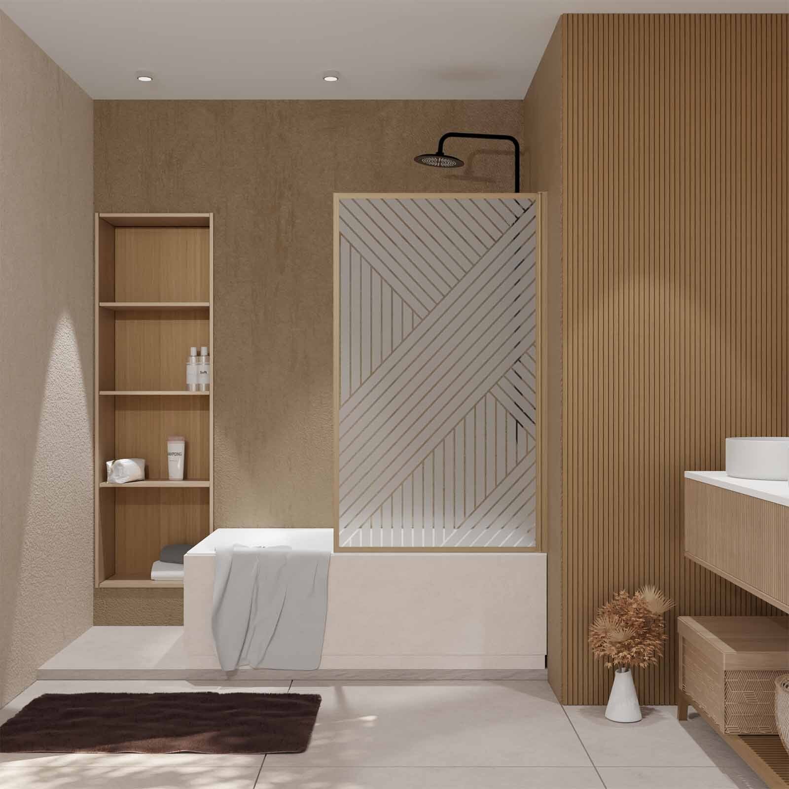 Pare baignoire pivotant 140x80 cm HINATA - style Japandi géométrique - Cadre effet bois - Verre 5 mm - 5