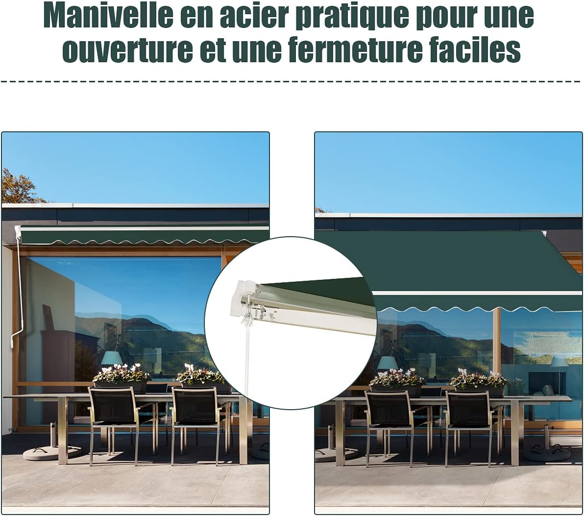 Store Banne Manuel 3Mx2,5M, Auvent de Terrace Exterior e tecido resistente aos UV com manilha e ângulo ajustável 5-35 ° para Patio(Verde) - 5