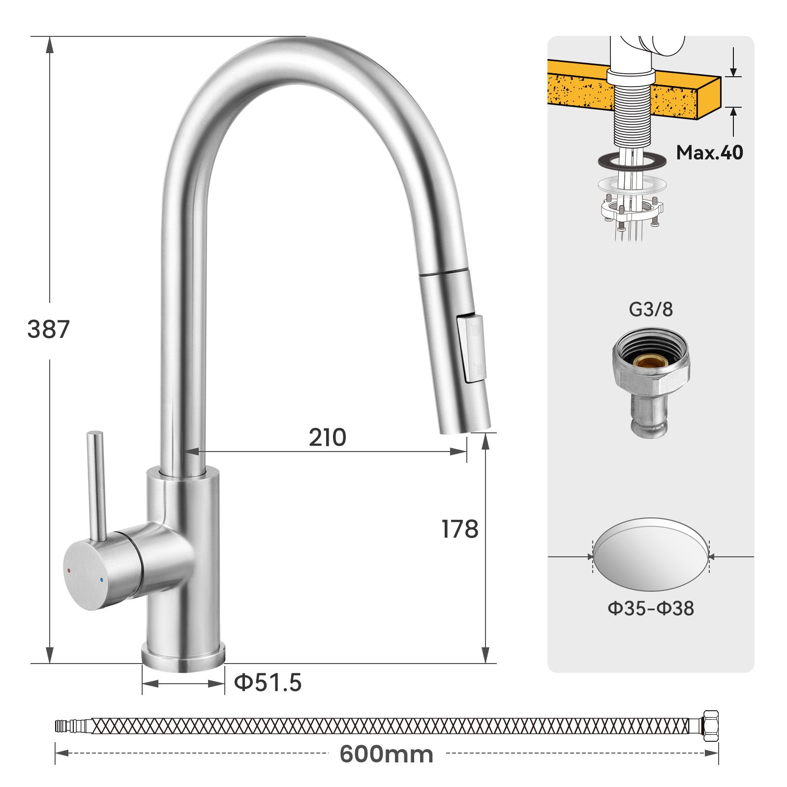 Mitigeur de Cuisine avec Douchette Extractible Robinet de Cuisine avec 2 Types de Jet D'eau Robinet d'évier en Inox Brossé - 8