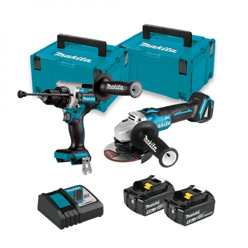 MAKITA Kit DLX2130TJ2 (DGA504 + DHP481 + 2 x 5,0 Ah + DC18RC + MAKPAC 2 ...