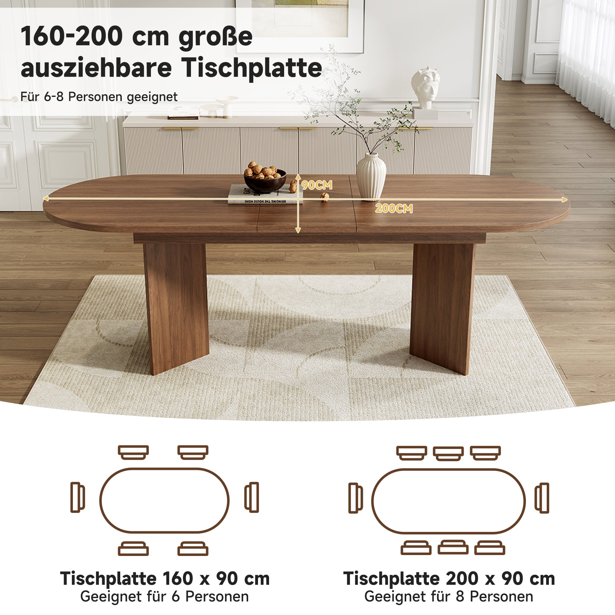 Table à manger extensible pour 4 à 6 couverts - 120/160 x 80 x 75.5 cm - MDF - Noyer - 5