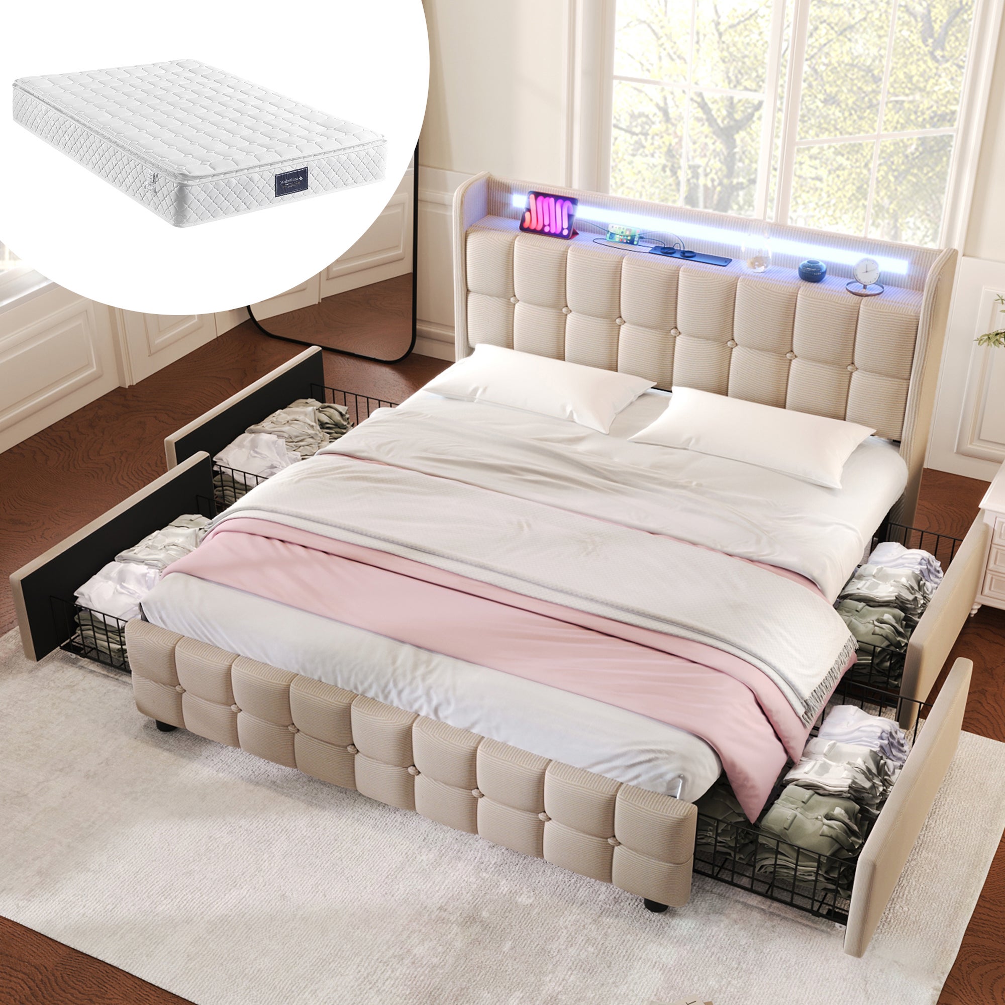 Łóżko Double 160x200 cm z Materacem i Poduszką Drewnianą - Głowa Łóżka z Portami USB/Gniazdkami - 4 Szuflady do Przechowywania - Regulowane LED