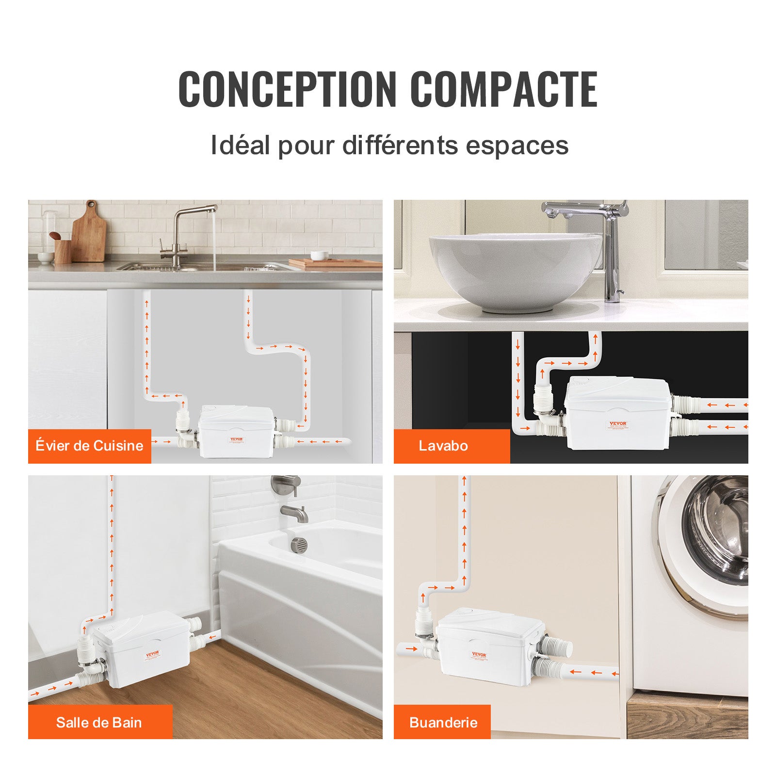 Pompe de Macération VEVOR 350 W, Débit 6000 L/h, 3 Entrées, Levage 7 m, Pompe d’eaux Usées pour Sous-sol, Cuisine, Évier, Douche, Baignoire - 6