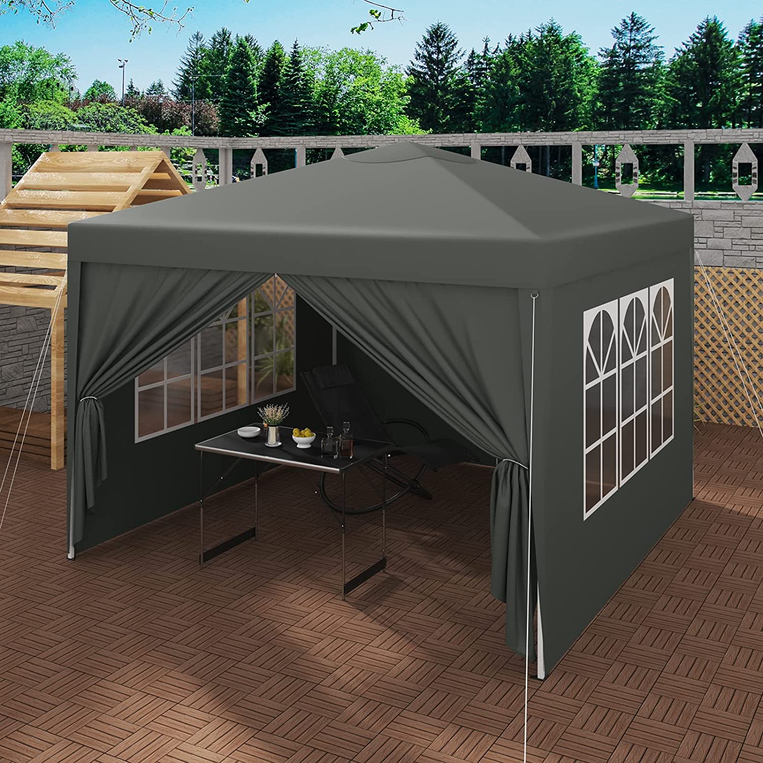 Tonnelle de Jardin. Auvent Pliable Imperméable. Protection du Soleil UV 50+. Hauteur Réglable 3x3m. Gris. WOLTU - 3