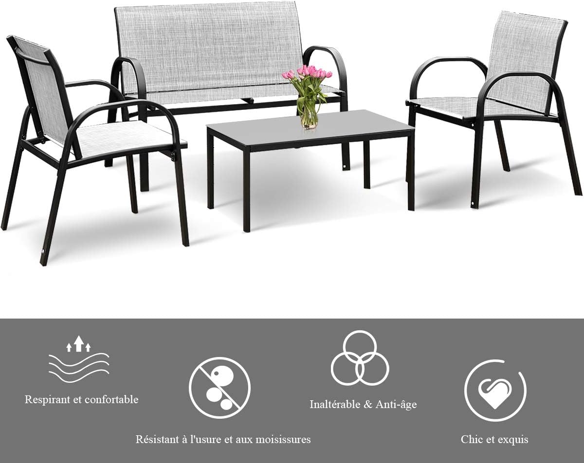 Ensemble de Salon de Jardin en Textilène 4 Personnes, 1 Table Basse en Verre +1 Canapé +2 Fauteuils, GIANTEX - 6