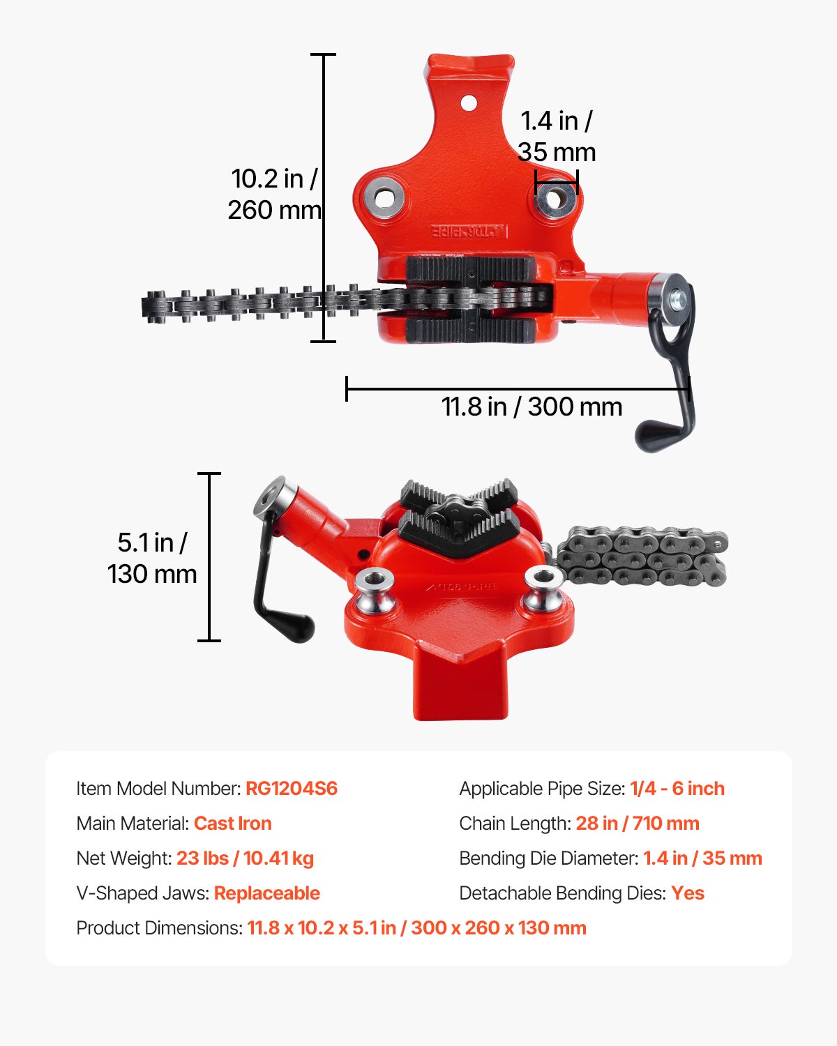 Morsa de Corrente VEVOR 6,35-152,4 mm,Parafuso de Tubos com Corrente 710 mm,Base de Ferro Fundido,Aperto Industrial,para Hidráulica,Reparos - 6