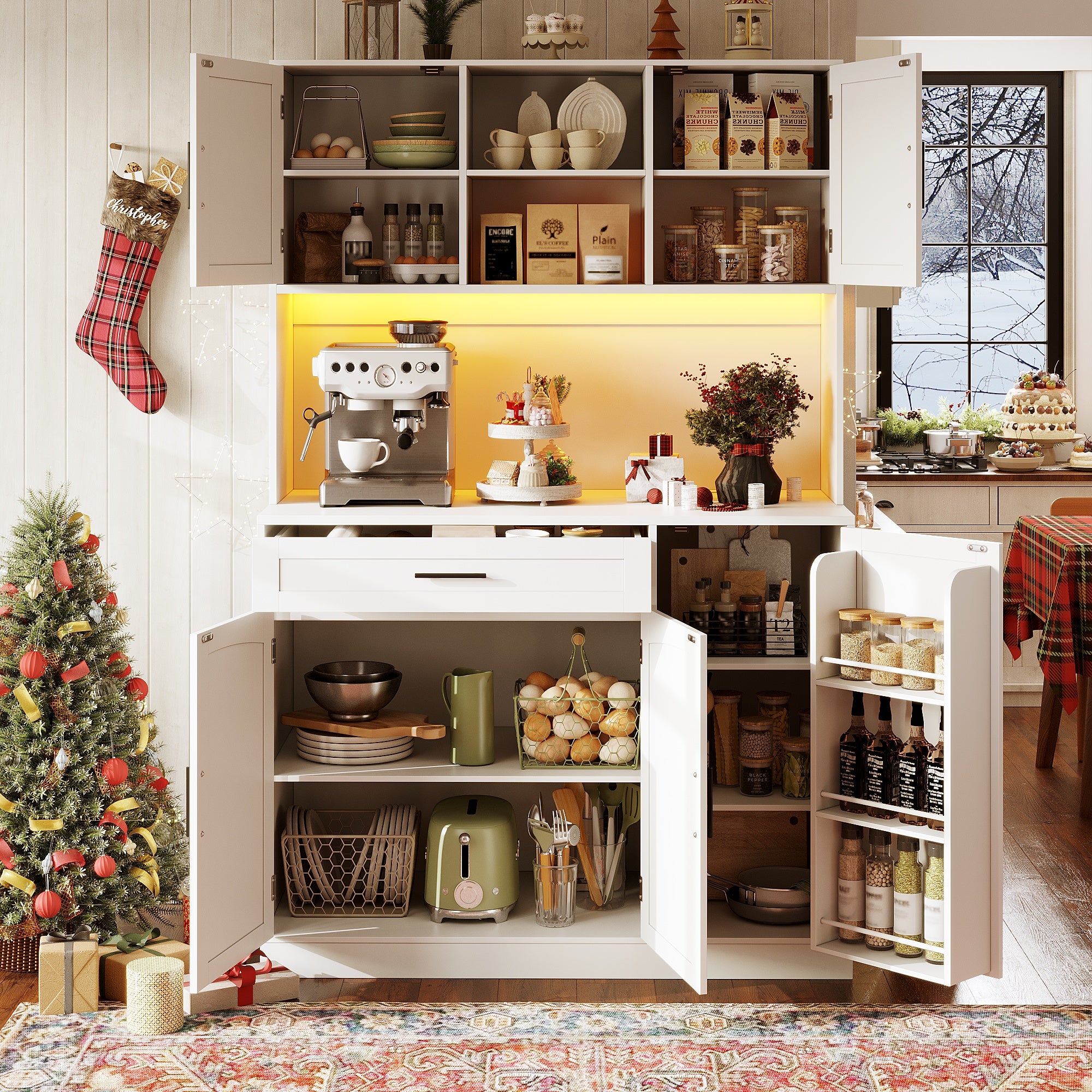 Kredens kuchenny z 5 drzwiami, 1 szufladą i 2 otwartymi przegrodami - 110 x 38 x 180 cm - diody LED i port ładowania - płyta MDF - biały - 5
