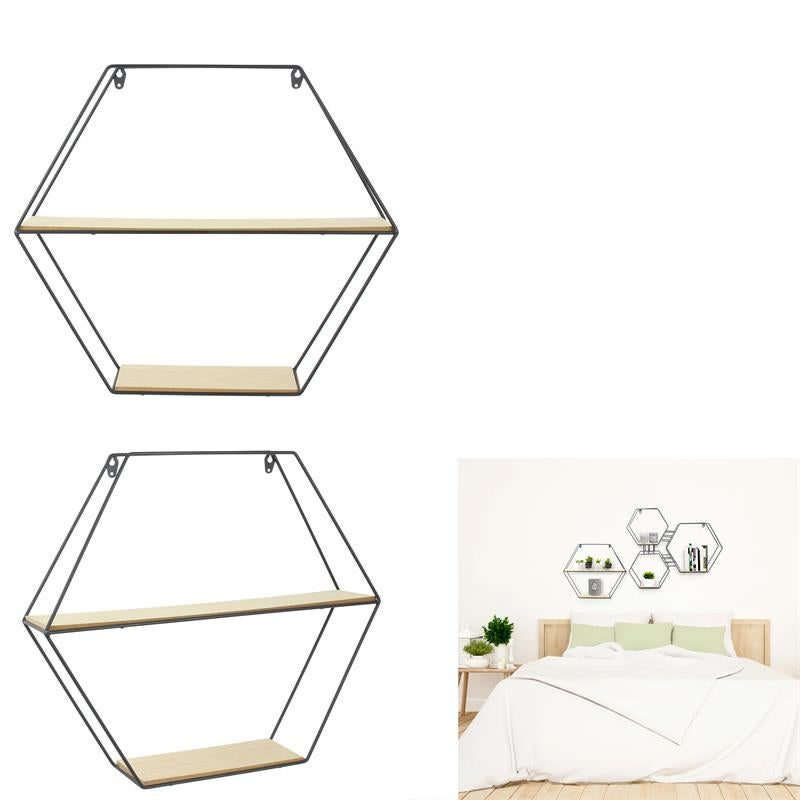 Étagère - HOME DECO FACTORY - Bois et Métal - Hexagonale - Beige et Noir - 3