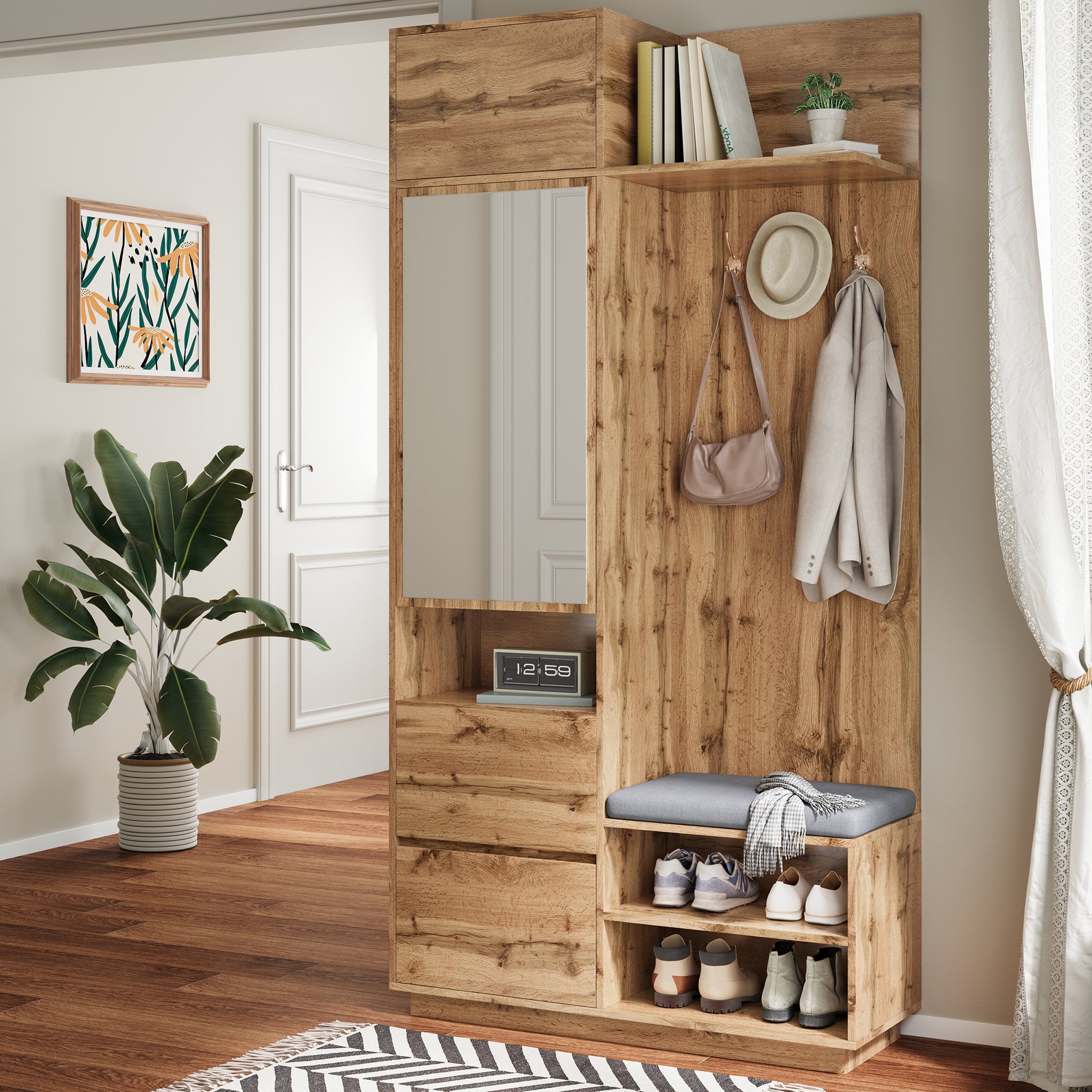 Szafka na buty z lustrem, ławką, wieszakami, 3 drzwiami i 1 szufladą - 90 x 34,5 x 190 cm - MDF - Naturalna - 8