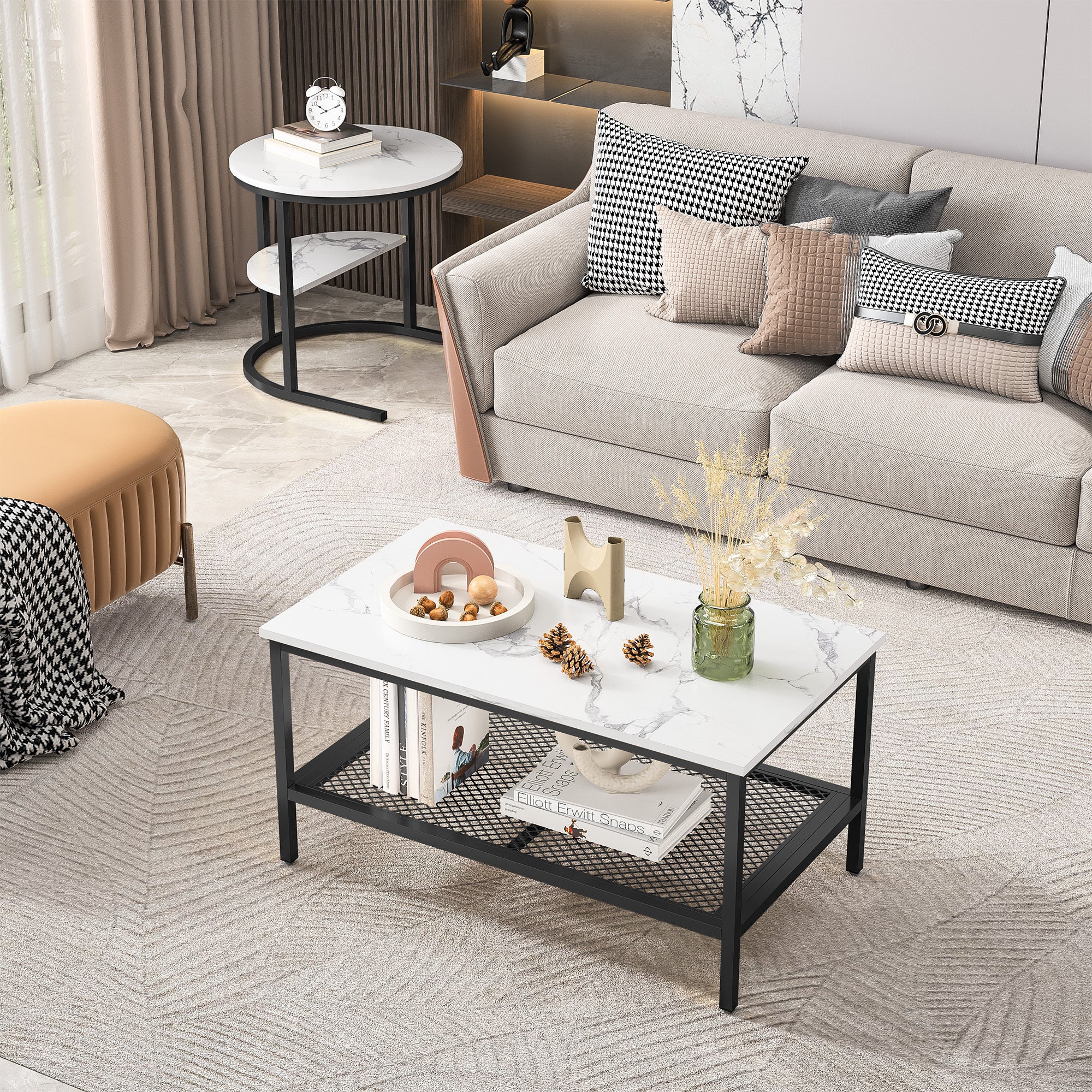 Table basse, 2 pièces, plateau plaqué marbre, design divisé, avec étagères de rangement, table d'appoint - 3