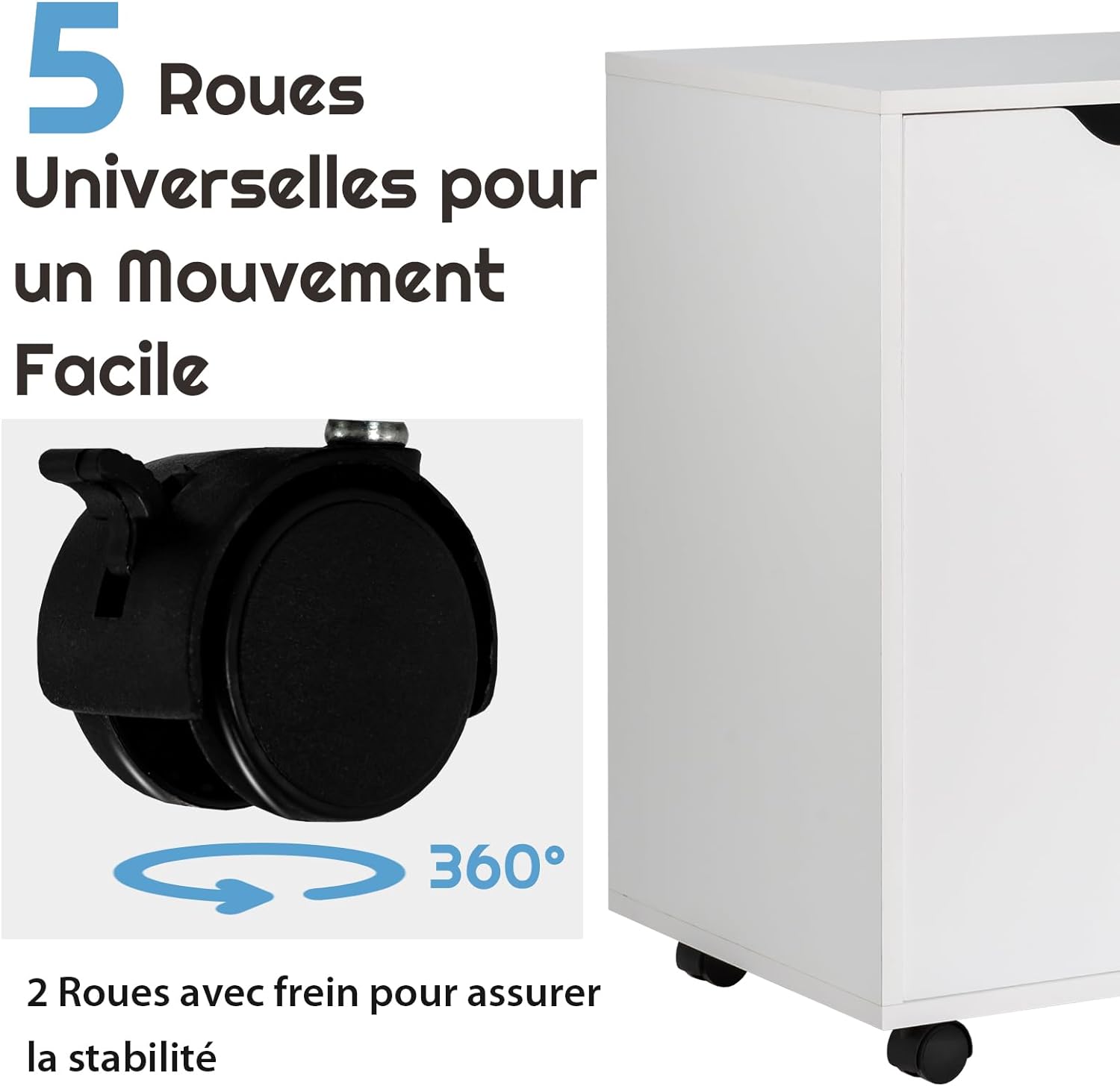 Caisson de Rangement à Roulettes 5 Tiroirs, Placard, Caisson Bureau Blanc avec Poignée Incurvée - 4