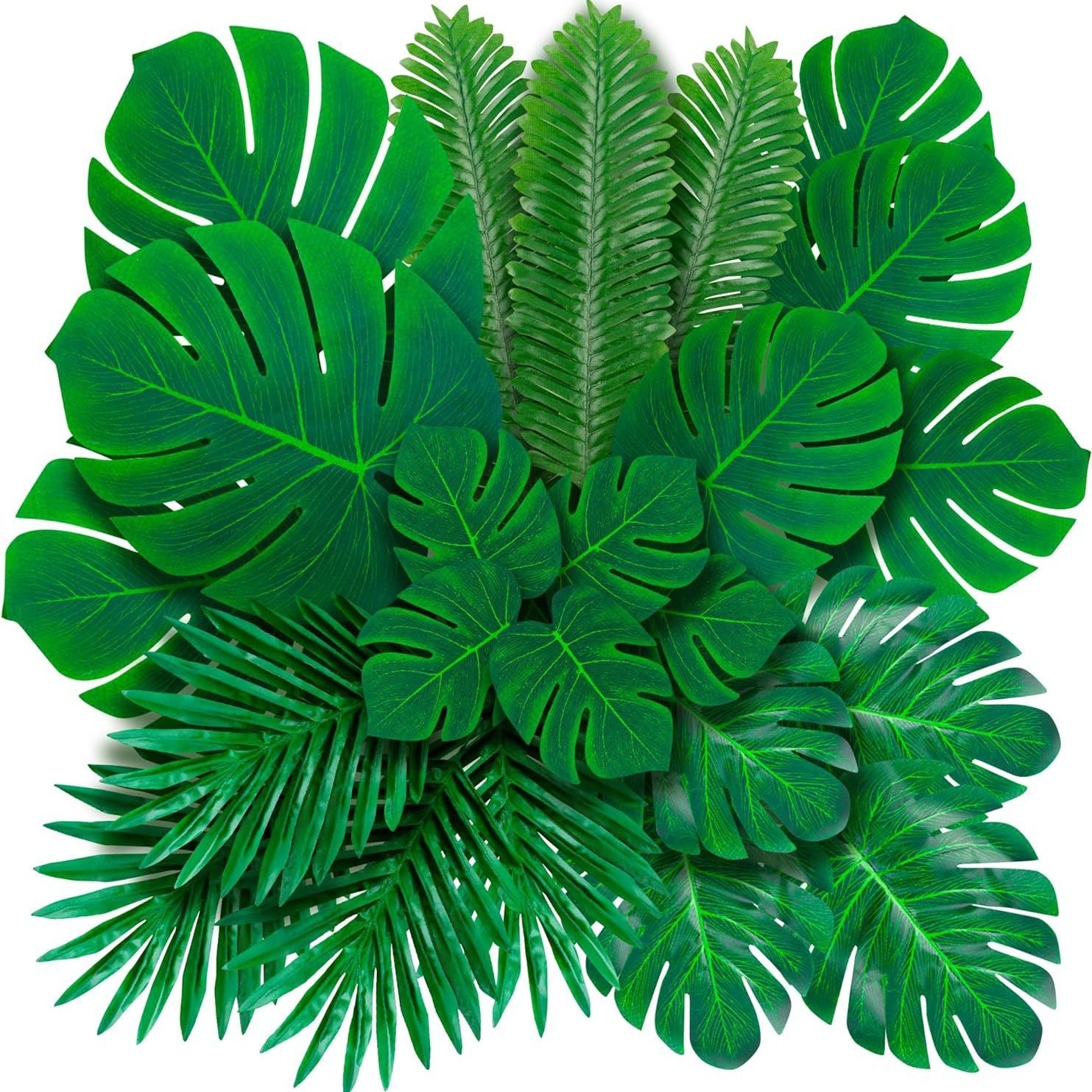 Zestaw 48 sztucznych liści palmowych tropikalnych Monstera, zielonych, z łodygami, do dekoracji na przyjęcia