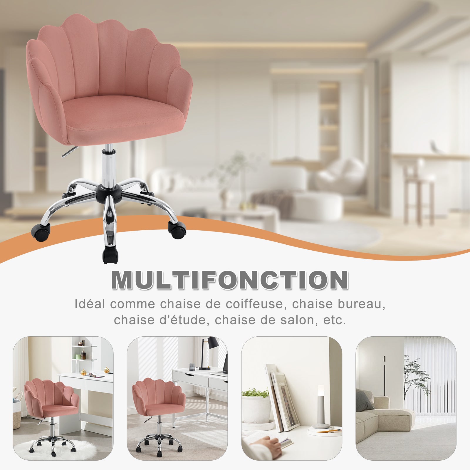 Chaise Bureau en Velours + Métal，Chaise Coiffeuse，Fauteuil Coquillage，Chaise de Bureau ，Hauteur Réglable，Rose, WOLTU - 5