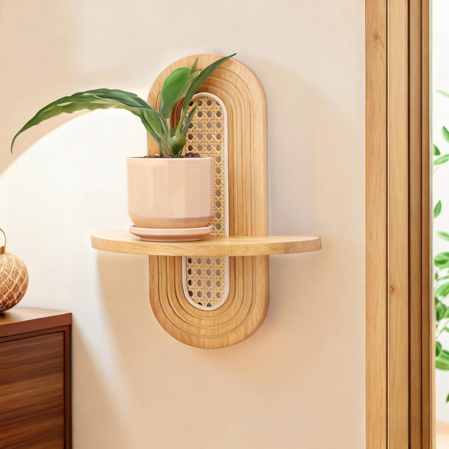 Étagères murales flottantes, ensemble de 2 étagères bohèmes en rotin, petite étagère décorative murale unique, étagères naturel pour salon，beige - 2
