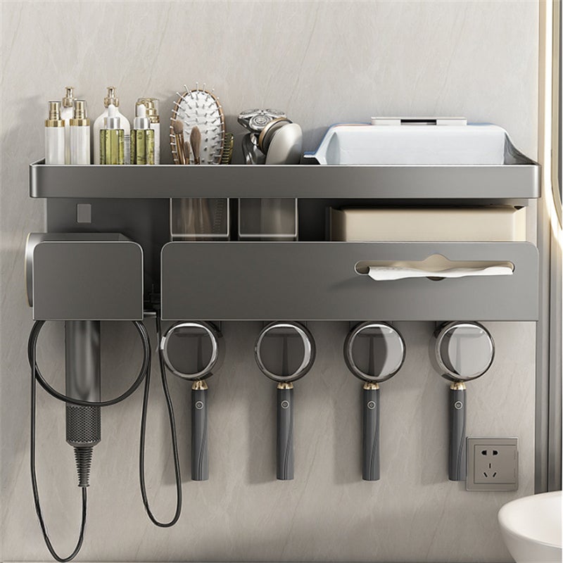 Support Mural pour Sèche-Cheveux Sans Perforation, Design Moderne en Aluminium Gris, 30.2x10.2x13 cm - 4