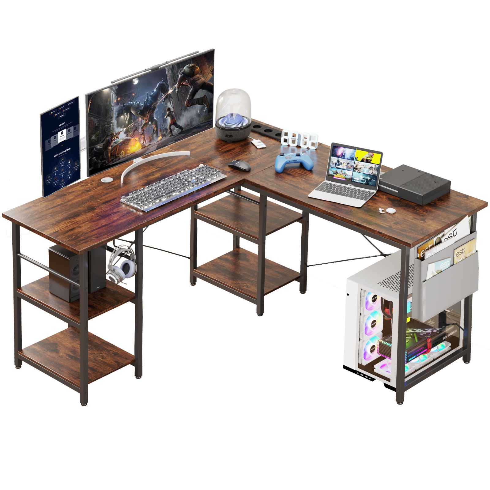 Biurko gamingowe LED w kształcie litery L z gniazdkami elektrycznymi i półkami, 140 x 140 cm, odwracalne, z podstawką pod monitor