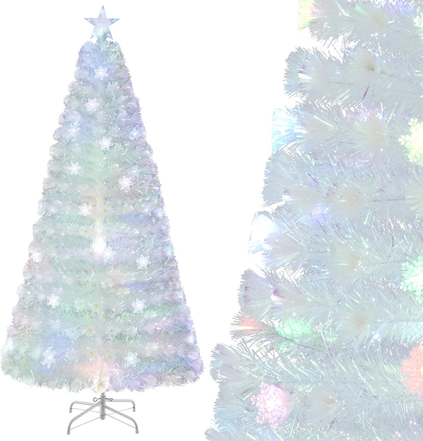 Sapin De Noël Blanc Artificiel 210 Cm - 1000 Branches PVC - Support Métal Stable - Décoration Fêtes