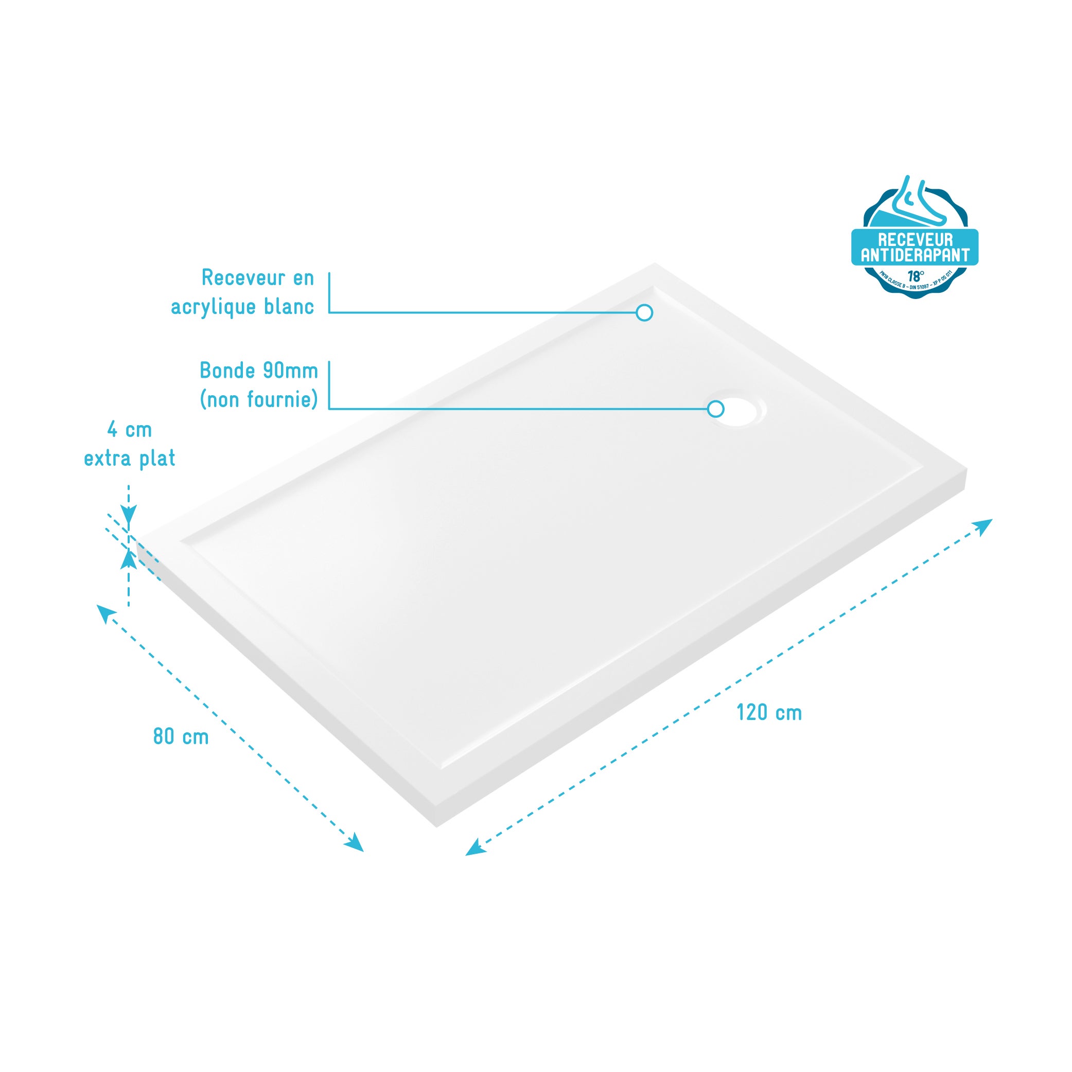 Vassoio doccia per rettangolo bianco in acrilico extra-flat - 120x80 Whiteny II 120 - 4