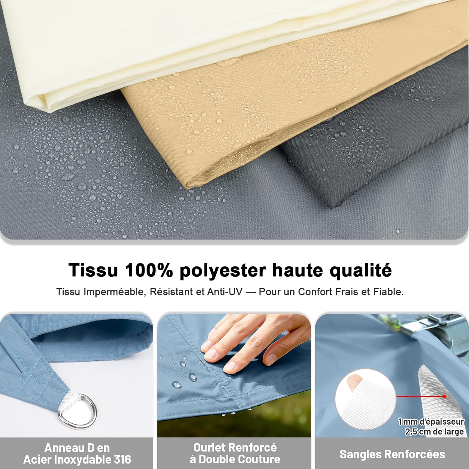 Voile d'ombrage Triangulaire Imperméable 3x3x3m Toile Ombrage PES avec 95% UV Protection pour Patio Extérieur Jardin Terrasse, Bleu - 4