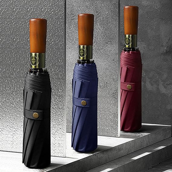 Parapluie de voyage pliable, ouverture et fermeture automatique, protection contre la pluie et le soleil, manche en bois noir - 5