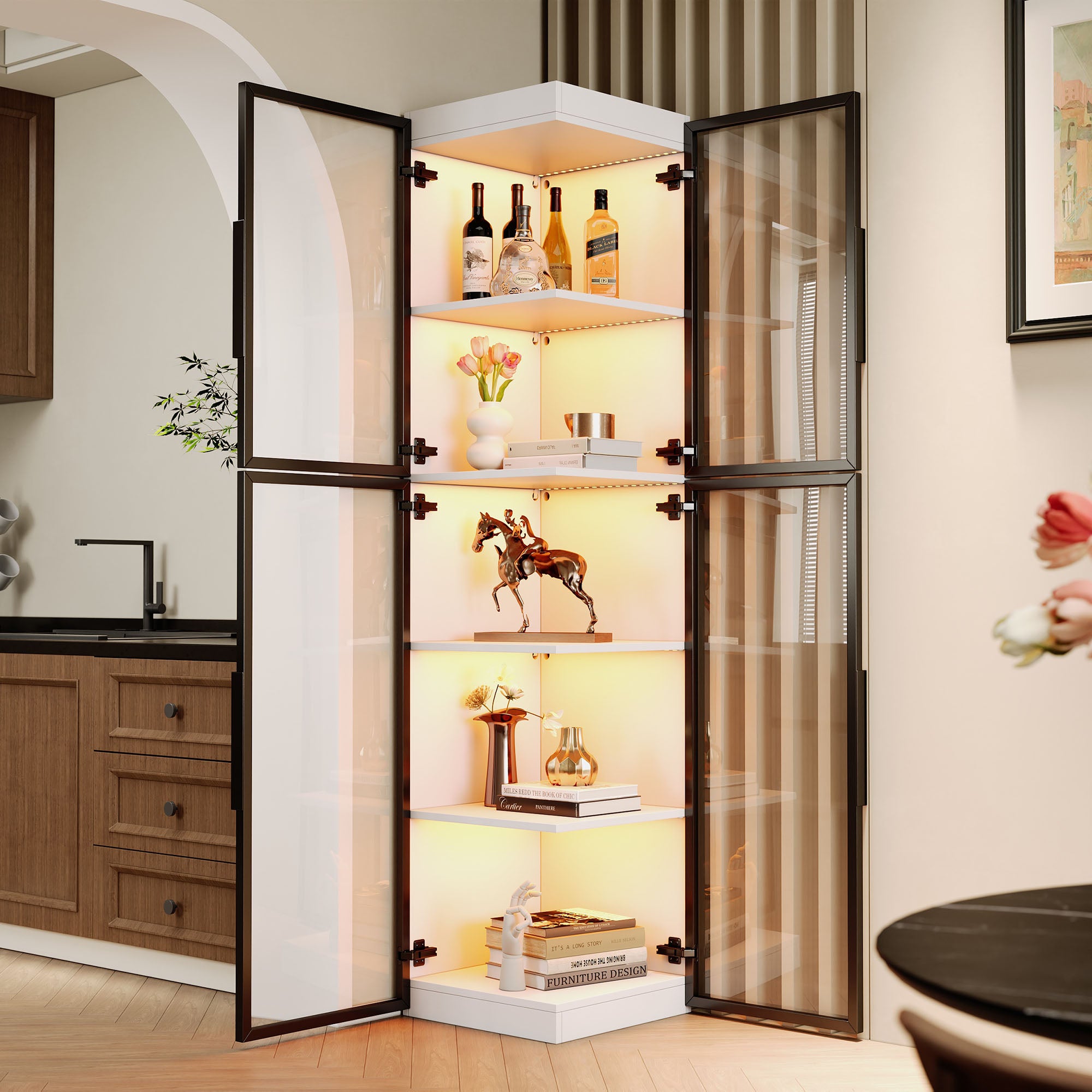 Vitrine en verre Étroit avec lumières LED,Vitrine autoportante en acrylique,Équipé de portes doubles,Vitrine d'angle transparente à visibilité à 360° - 2
