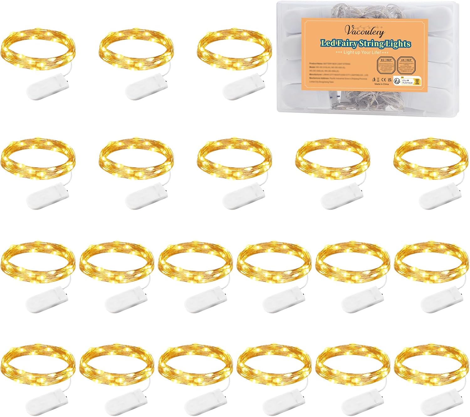 Lampka dekoracyjna na baterie, 1 m, 10 mini diod LED w miedzianym przewodzie, lampka dekoracyjna do sypialni (20 sztuk) [klasa energetyczna A++].