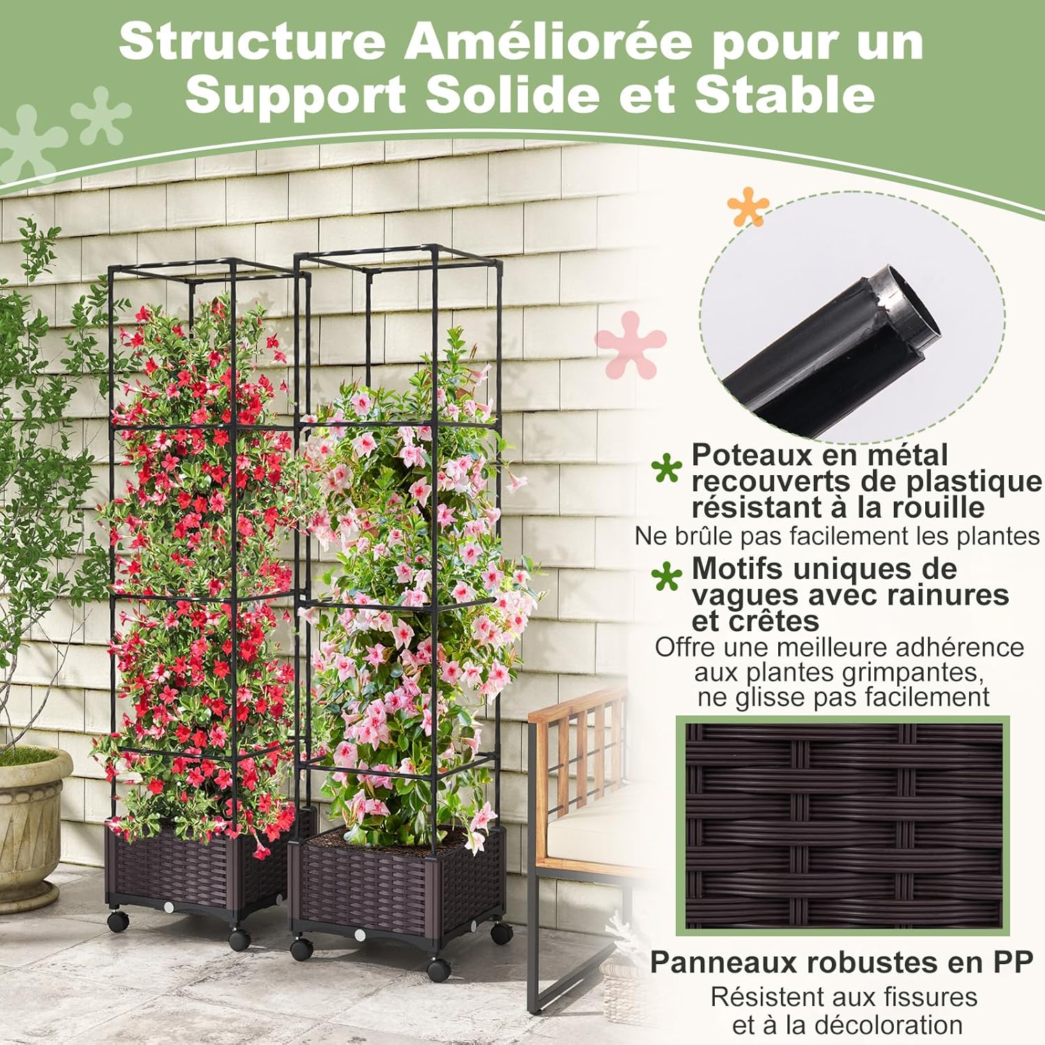 Fioriera con Grigliato per Piante Rampicanti, Letto Rialzato con Spalliera, Sistema di Auto-irrigazione, Altezza Regolabile e Ruote, Fioriera - 7