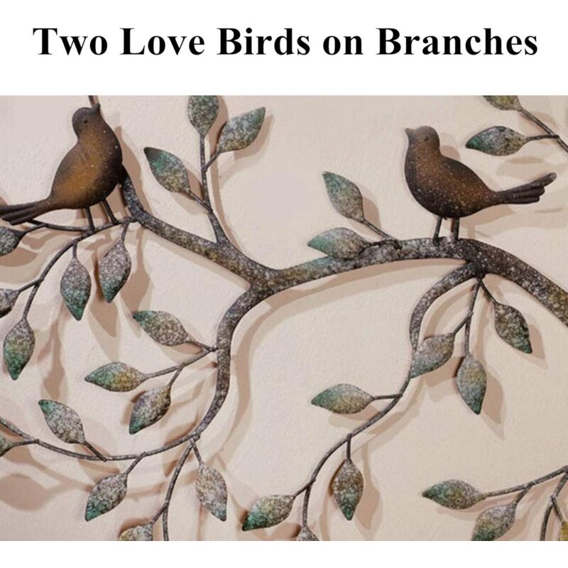 Oiseau Mural Art déco, Une Paire d'oiseaux d'amour sur Les Branches, Sculpture Murale en métal à Suspendre, décoration Murale en Fer forgé rétro,58x48 - 4