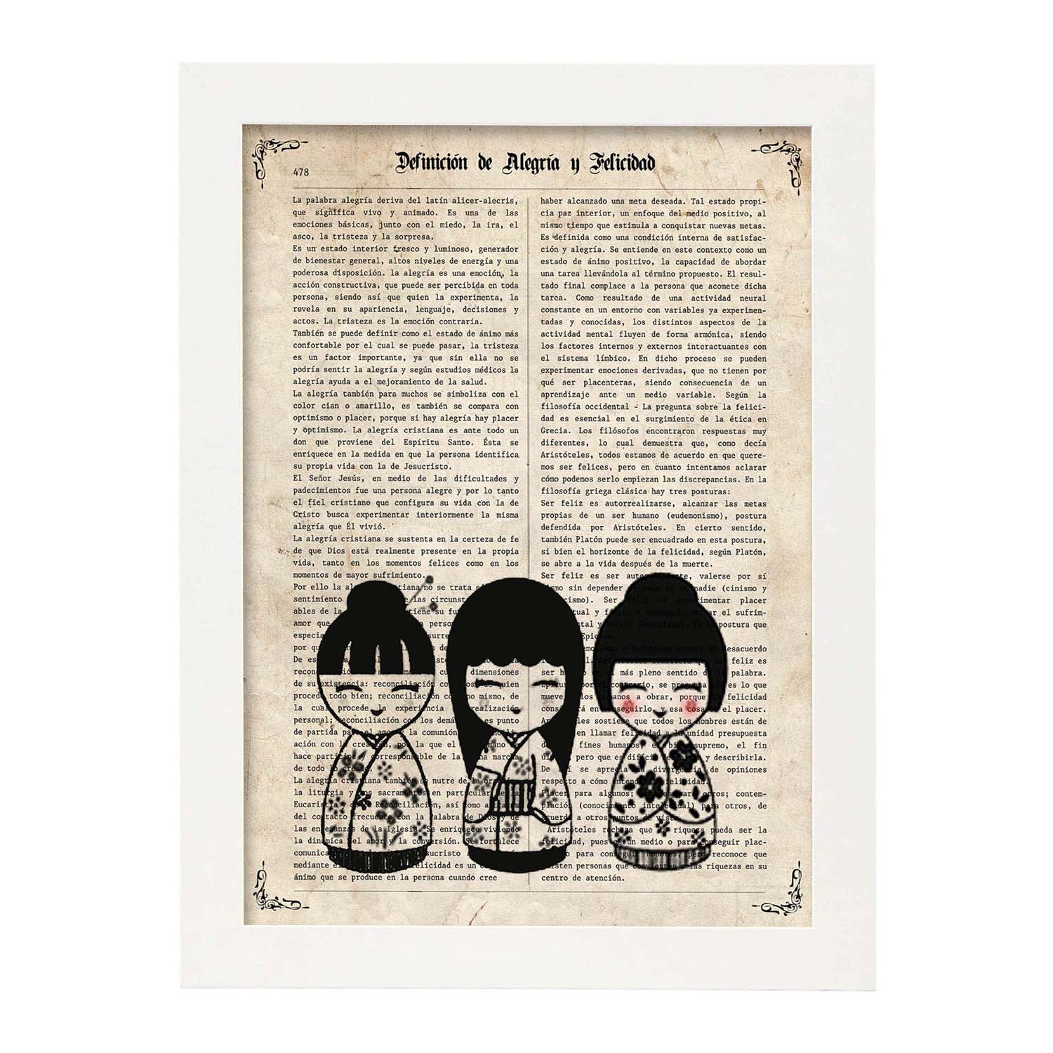 Poster de munecas japonesas. láminas de geishas. diseños japoneses con definiciones de la cultura japonesa. marco madera clara - a3