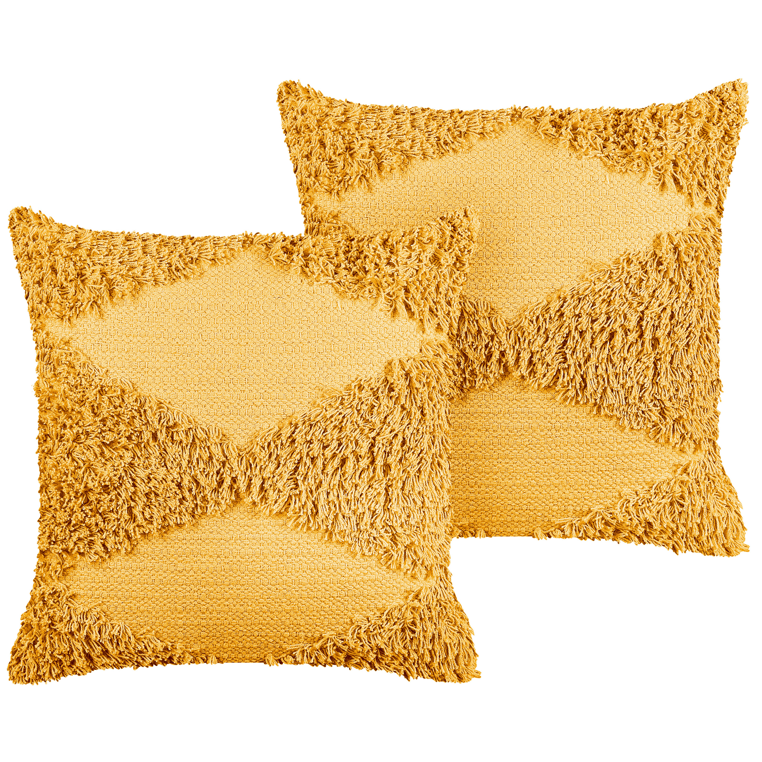 Beliani conjunto de 2 cojines rhoeo algodón 45 x 45 cm geométrico copetudo amarillo