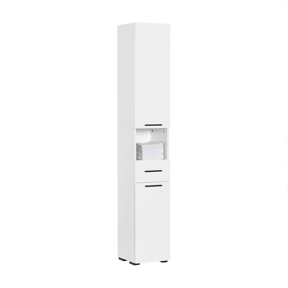 Mobiletto Da Bagno Alto Con 2 Ante E 6 Scomparti - In Bianco, Dimensioni 30x31x182 Cm, Ideale Per Spazi Stretti