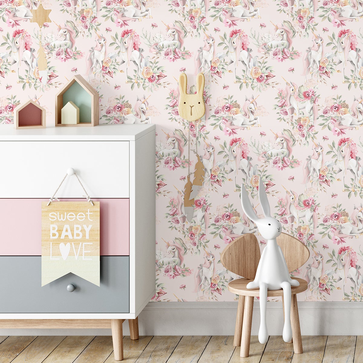 Papel pintado decorativo de tejido no tejido Infantil - Unicornios-Papel Estándar 130gr - 1 TELO = L50 cm x H260 cm - 2