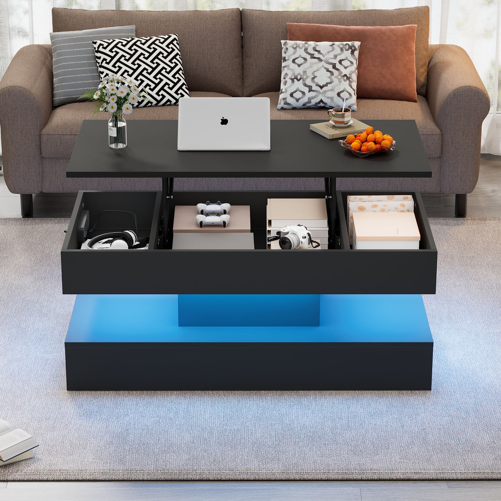 Table basse relevable avec prises USB et cahrge - 100 x 50 x 42 cm - LEDs - Panneau de particules - Noir - 6