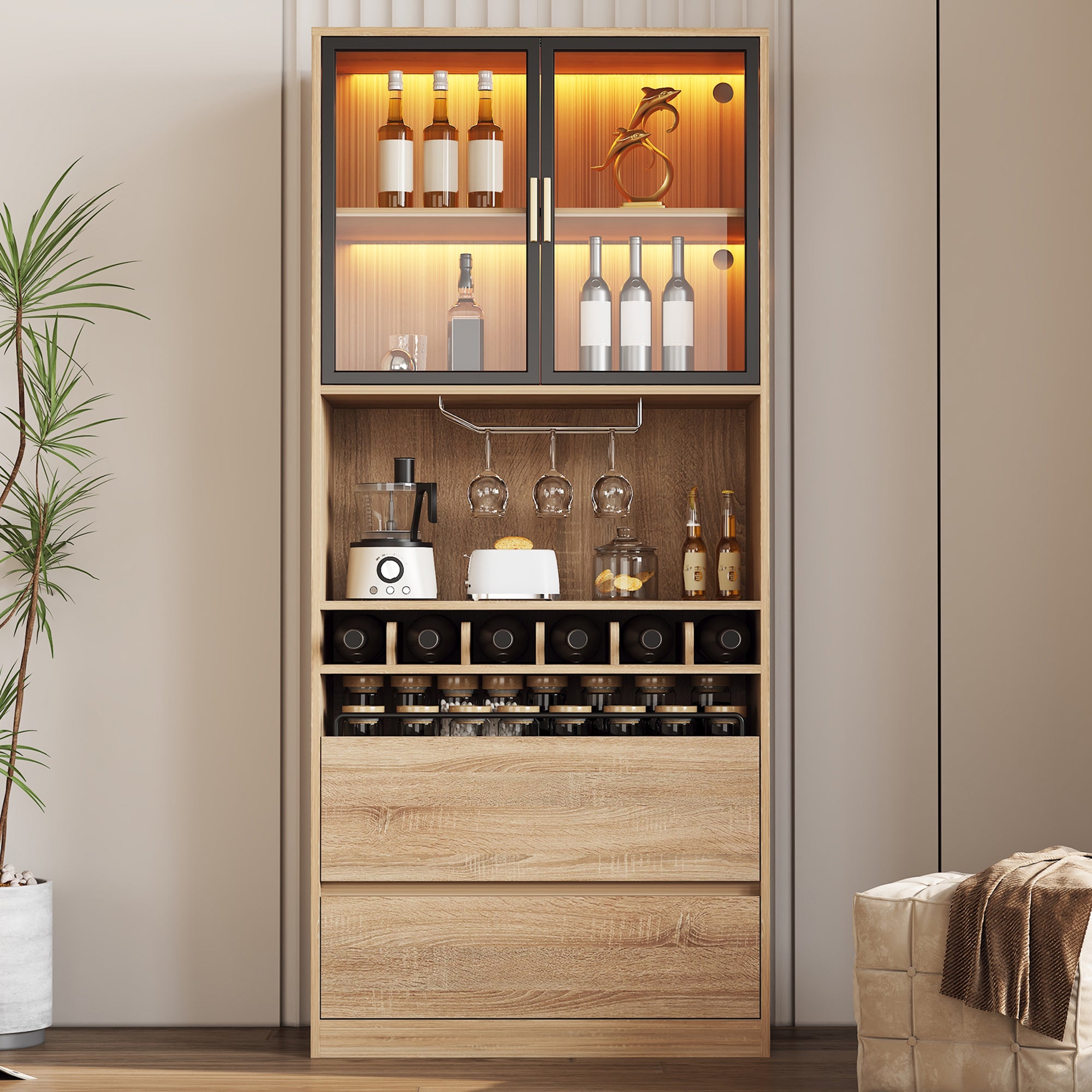 Vitrine avec 2 portes en verre et 2 tiroirs - 80 x 40 x 180 cm - LEDs - Bois MDF - Naturel - 5