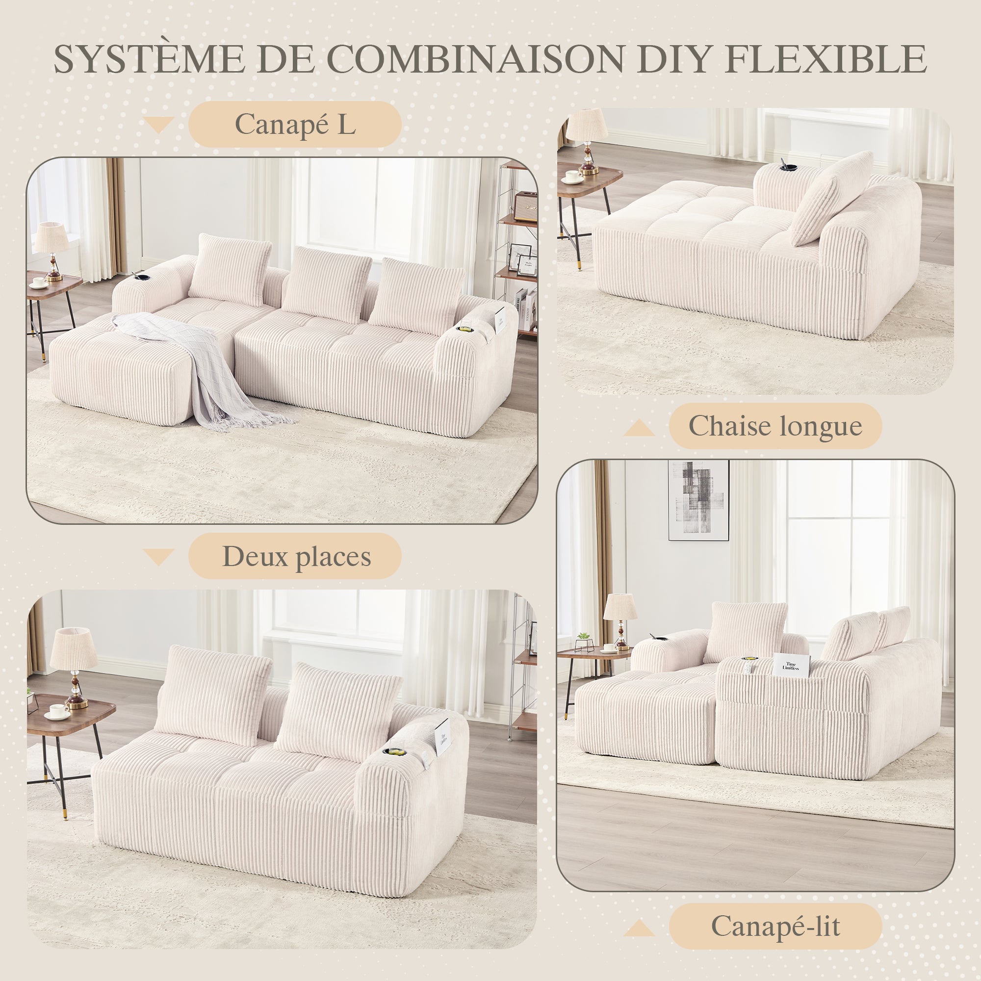 Canapé Convertible d'angle 3 Places en L avec poche latérale et Porte-Gobelets, Canapé Modulable Convertible en Velours Côtelé avec 3 Coussins, Beige - 5
