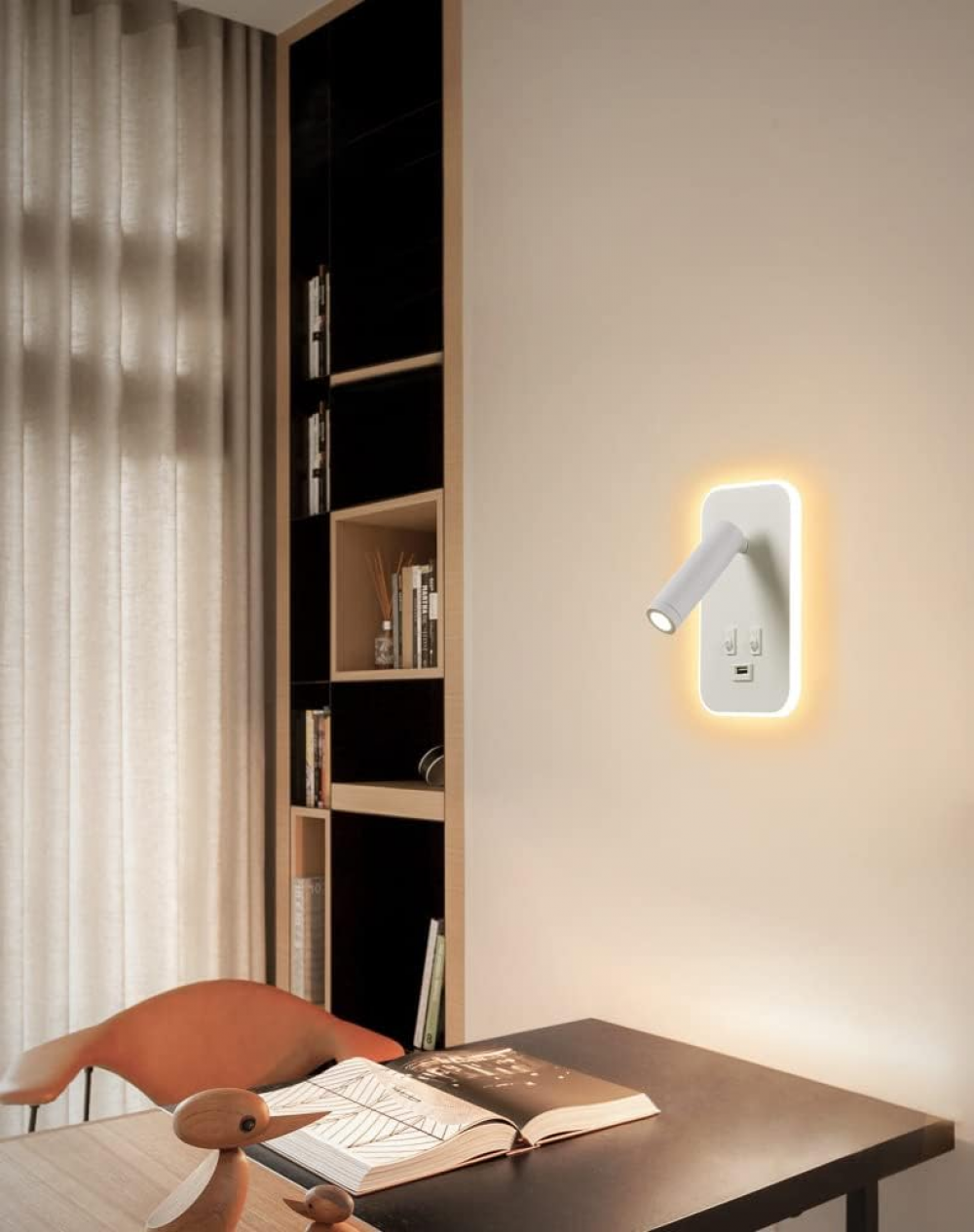 Biała lampa ścienna LED – lampka nocna do czytania z włącznikiem – port ładowania USB – ciepłe światło – regulowany reflektor tworzący nastrój w sypia - 8