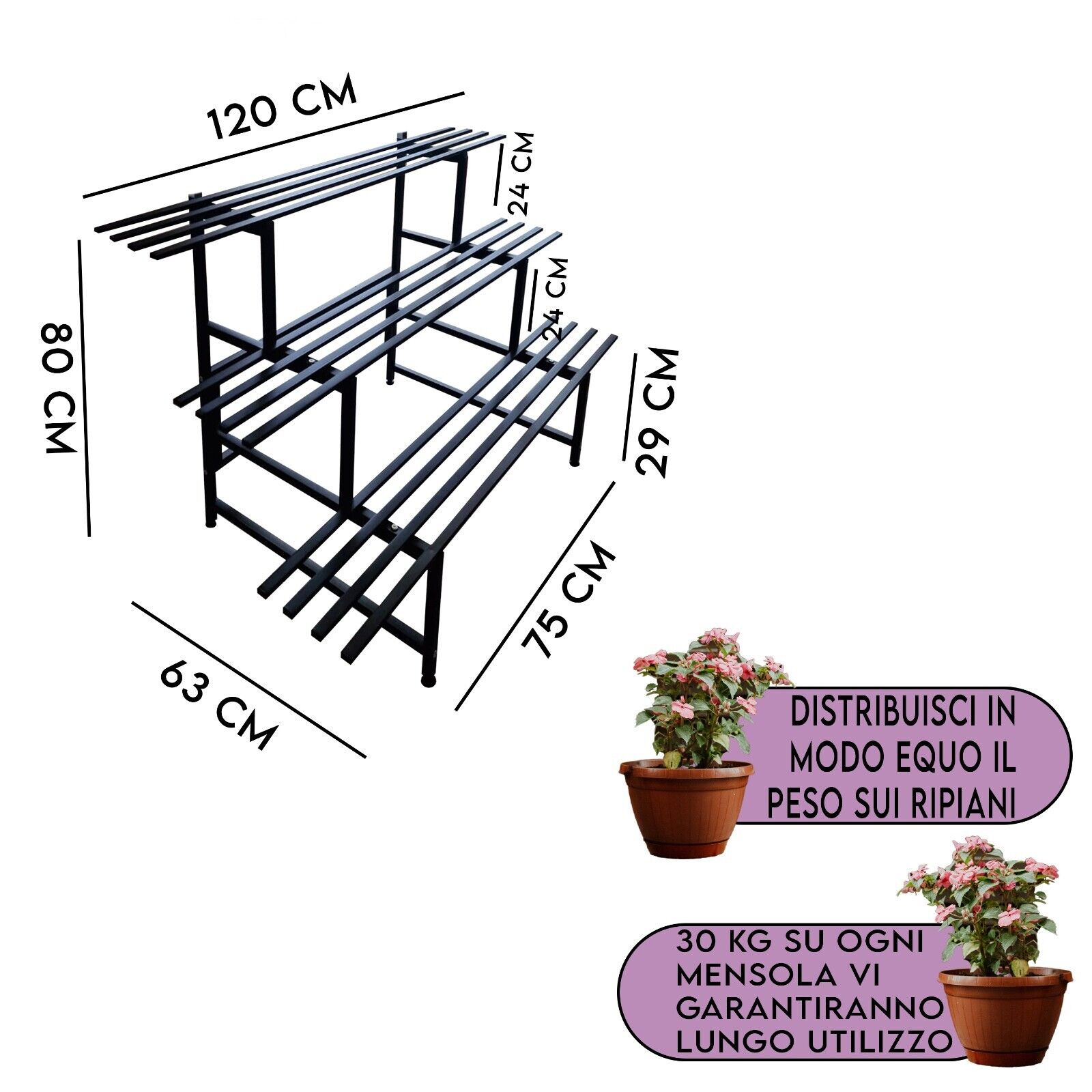 Scaffale portapiante portafiori fioriere giardino terrazzo grandi esterno interno acciaio verticale portavasi da esterno 3 RIP 120CM - 2