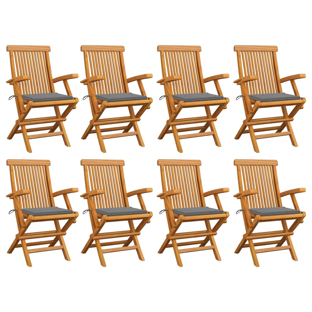 Chaises de jardin avec coussins gris 8 pcs Bois de teck massif - 2