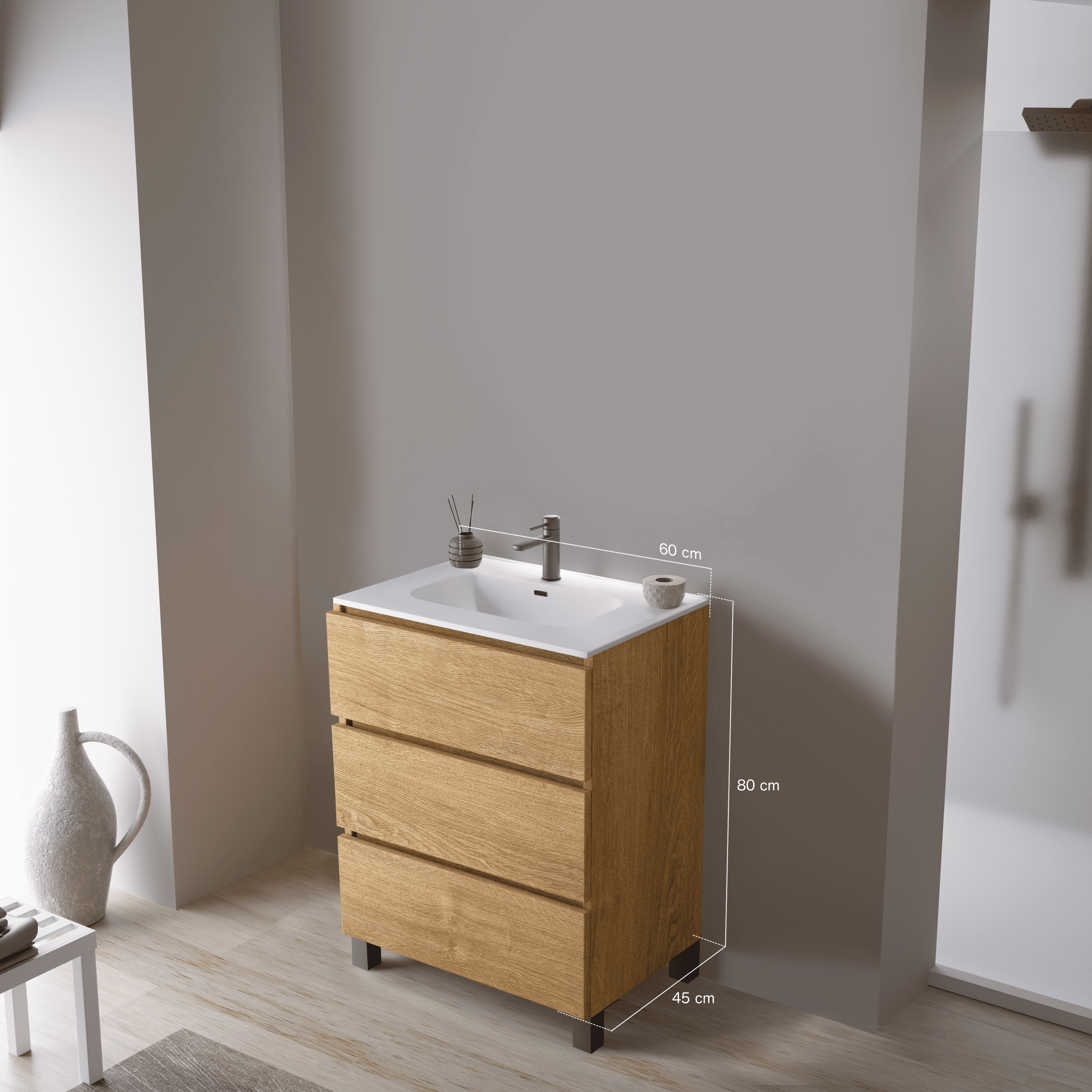 Feel Your Bath, Meuble SDB Effet Bois 60 cm + Vasque Céramique Blanc Brillant – 3 Tiroirs et Pieds, Moderne - 3