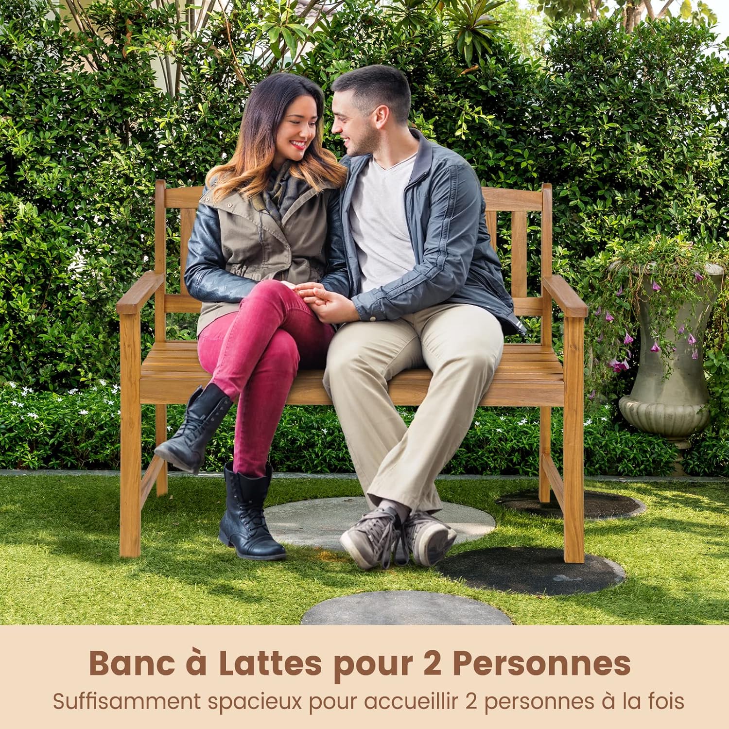 Banc de Jardin en Bois en Acacia pour 2 Personnes, Banquette à Lattes Charge 360KG, pour Patio Cour Balcon, 110 x 56,5 x 86 cm - 8