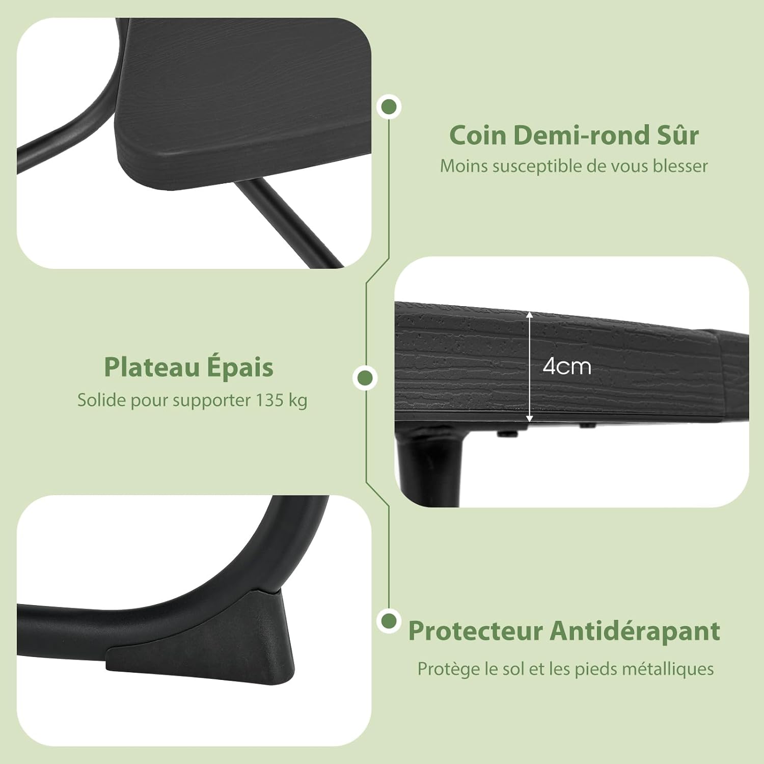 Table de Pique-Nique avec 4 Bancs Intégrés, Trou de Parasol, Cadre en Acier, Plateau HDPE pour 8 Personnes - 9