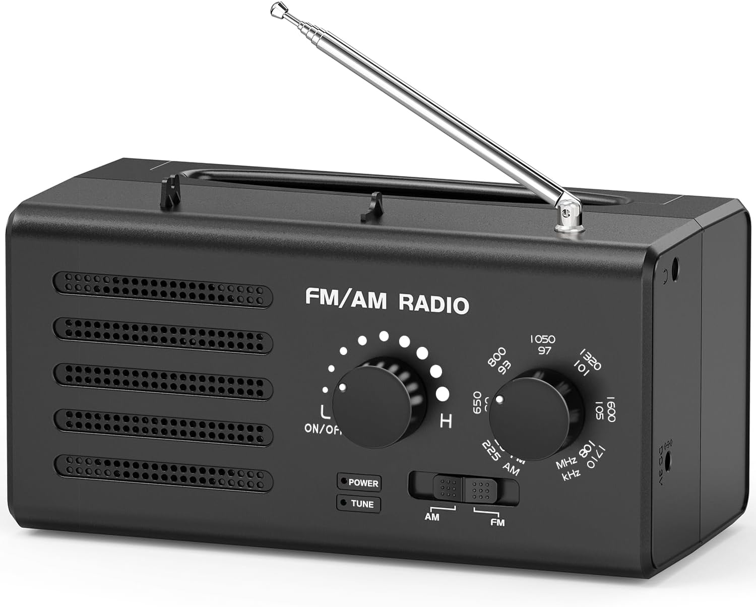 Przenośne radio AM/FM, wbudowany głośnik, gniazdo słuchawkowe, zasilanie USB, kolor czarny
